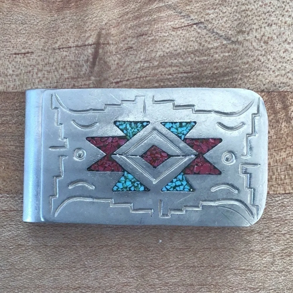 Vintage Navajo Silver & German Silver Money Clip / turquoise & Coral Chip Inlay